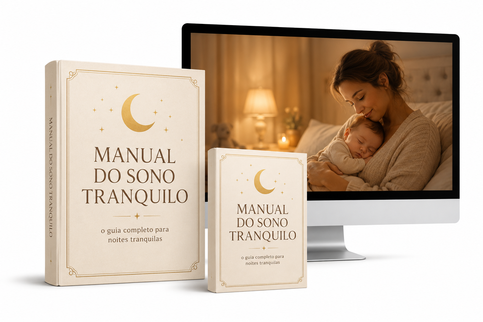 Manual do Sono Tranquilo em versão impressa e em monitor com mãe segurando bebê dormindo